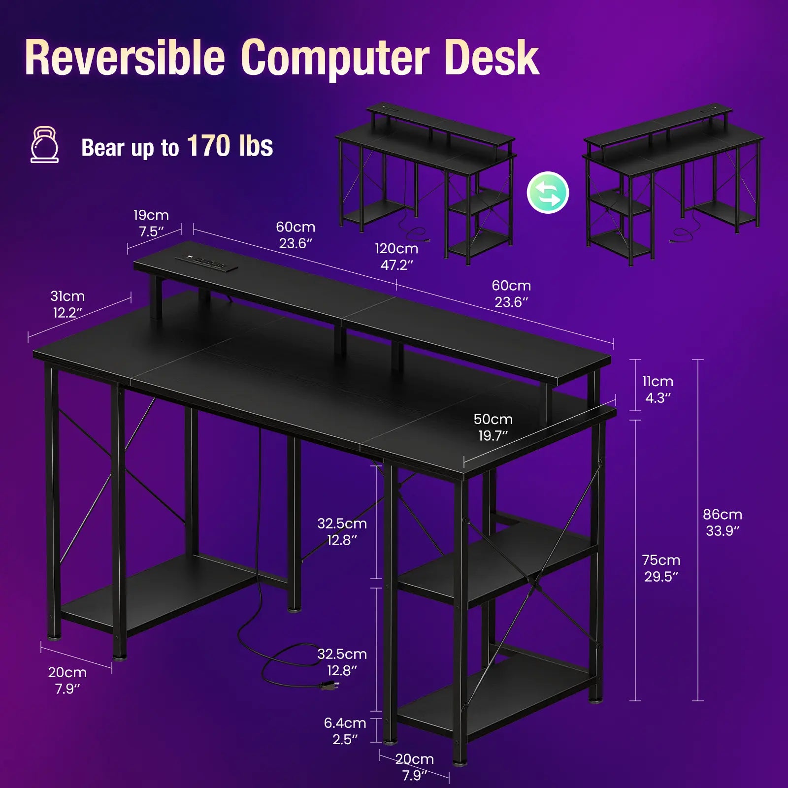 48-Inch Durable Computer Desk with LED Lighting, Power Outlets, Dual Monitor Stand, Storage Shelves, and CPU Holder for Home Office and Gaming Use