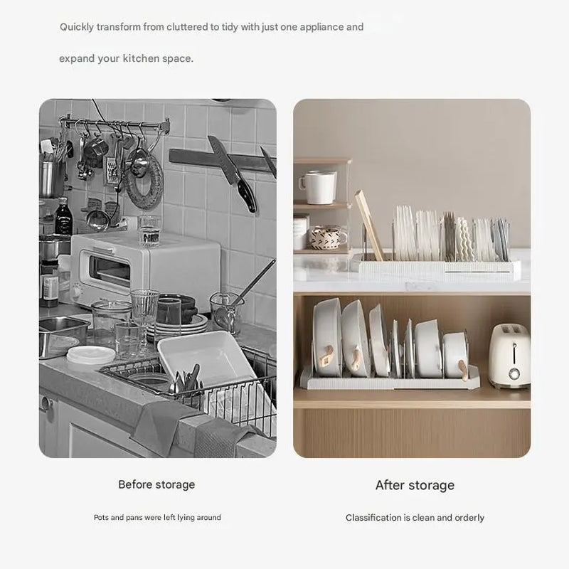 AIR U 22" Expandable Pots and Pans Organizer with 9 Adjustable Dividers - Efficient Pot Lid Holder for Under Cabinet and Countertop Storage, White