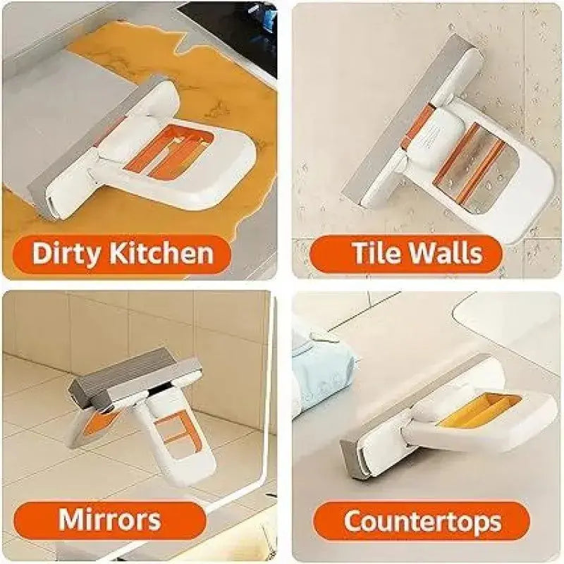 2025 Upgraded Compact Self-Squeezing Mini Mop Set, Portable Wet-Dry Cleaning System with 2 Removable Washable Sponge Refills for Small Spaces and Kitchen Counters (Orange)